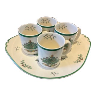 Mid 20th Century Spode Bone China Christmas Tree Serving Plate With 4 Matching Mugs For Sale