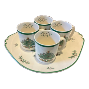 Mid 20th Century Spode Bone China Christmas Tree Serving Plate With 4 Matching Mugs