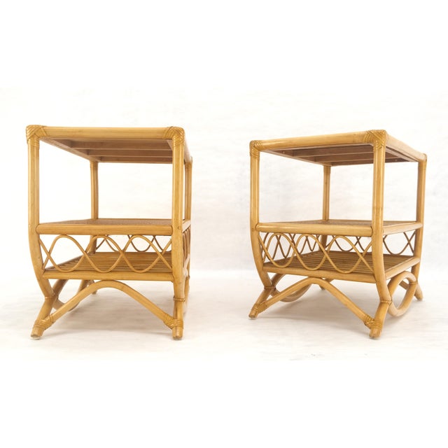 Late 20th Century Pair Rattan Bamboo Grass Cloth Top Two Tier End Side Tables Stands Magazine Rack For Sale - Image 5 of 14