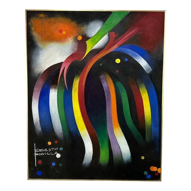 Vintage Colorful Ribbon Painting by Ernesto Bonilla For Sale