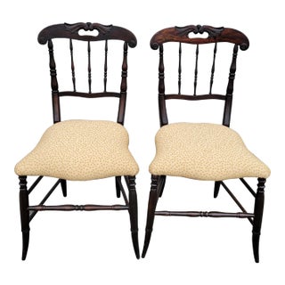 Antique Victorian Upholstered Side Chairs with Solid Hardwood Carved Backrests- Set of 2 For Sale