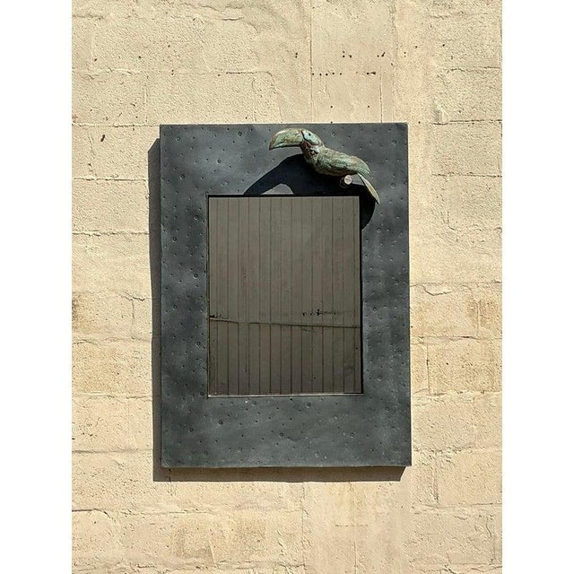 Metal Vintage Coastal Hammered Metal Toucan Mirror For Sale - Image 7 of 9