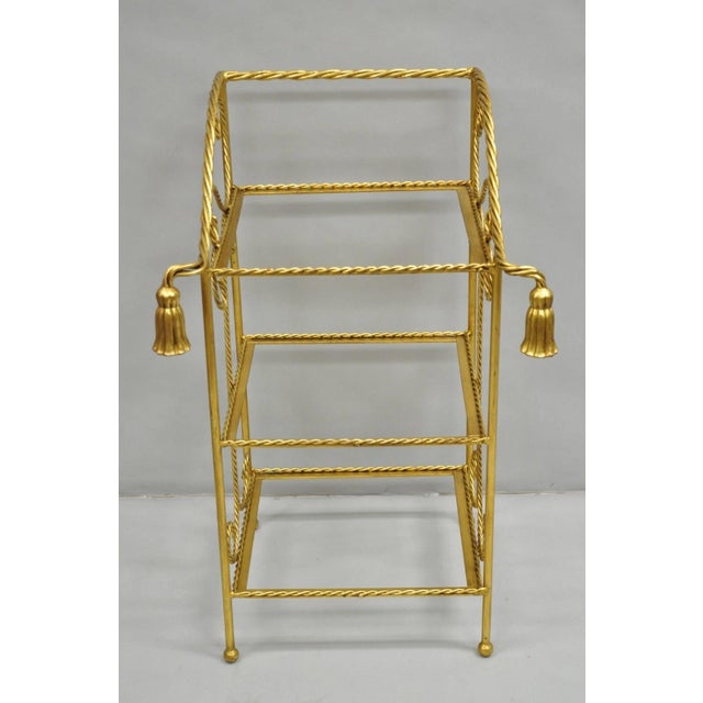 Vintage Italian Hollywood Regency Gold Gilt Iron Tassel 3 Tier Etagere Towel Rack Stand (Does NOT include glass shelves)....