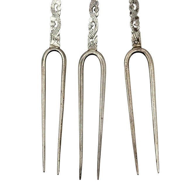Late 19th Century Victorian 1890 Chinese Export Silver Pickle Cocktail Fork, Set of 3 For Sale - Image 5 of 5