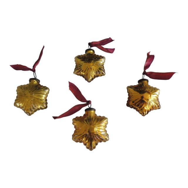 Gold Tone Mercury Glass Ornaments With Silk Ribbons - Set of 4 For Sale