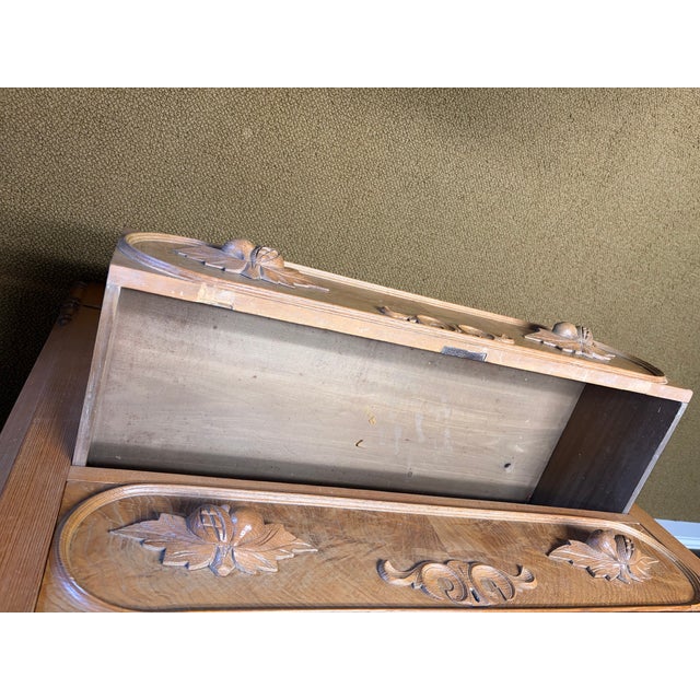 Tan Vintage Chest With Original Appliqués and Pear Carved Handles, Racetrack Molding Drawers For Sale - Image 8 of 12