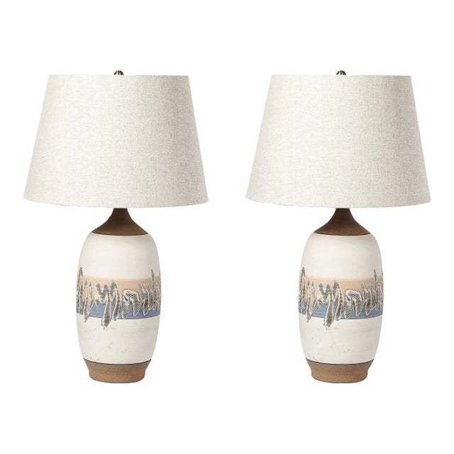 Pair of Mid-Century Modernist Off White Ceramic Table Lamps W/ Banded Detailing For Sale