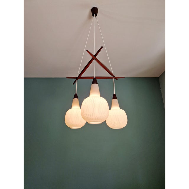Scandinavian Chandelier in Teak and White Opaline Glass, 1960s For Sale - Image 16 of 18