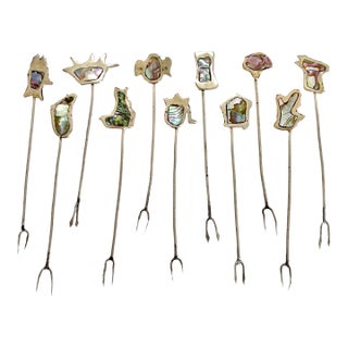 Vintage Abalone Cocktail Picks – Set of 11 Iridescent Mid-Century Appetizer Forks With Organic Shapes For Sale