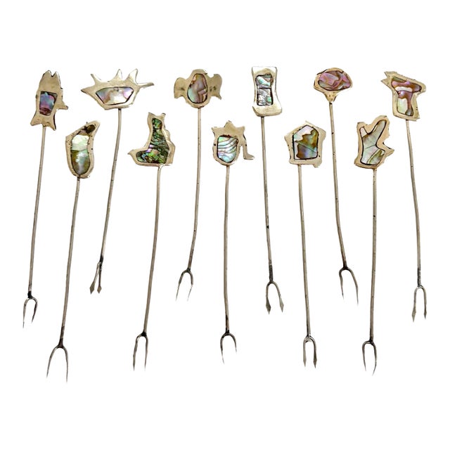 Vintage Abalone Cocktail Picks – Set of 11 Iridescent Mid-Century Appetizer Forks With Organic Shapes For Sale