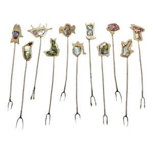 Vintage Abalone Cocktail Picks – Set of 11 Iridescent Mid-Century Appetizer Forks With Organic Shapes