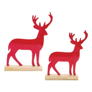 Metal Deer Silhouette with Wood Base (Set of 2) For Sale