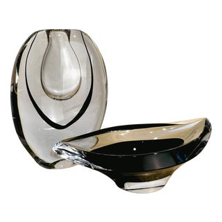 Vintage Contour Vase and Bowl by Vicke Lindstrand for Kosta, 1950s, Set of 2 For Sale