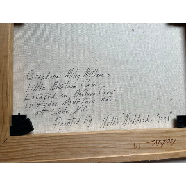 1990s Nellie Medford 1991 Grandmas Miley McClave Little Mountain Cabin Oil on Canvas Painting For Sale - Image 5 of 5