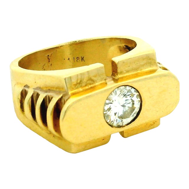 Vintage Modernist 18k Gold Architectural Diamond Ring, Size 8 For Sale