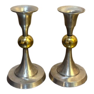 Midcentury Silver Tone/Brass Ball Candle Holders For Sale