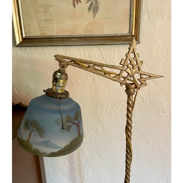Art Deco Early 20th Century Art Deco Floor Bridge Lamp With Painted Shade For Sale - Image 3 of 12