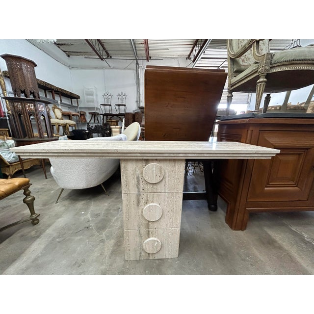 Pair Of Italian Modern Travertine Console Tables. Offered is a grand matching pair of expertly designed and crafted...