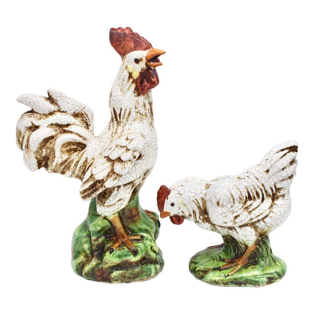 Vintage Country French Farmhouse Ceramic Chickens - Rooster and Hen For Sale