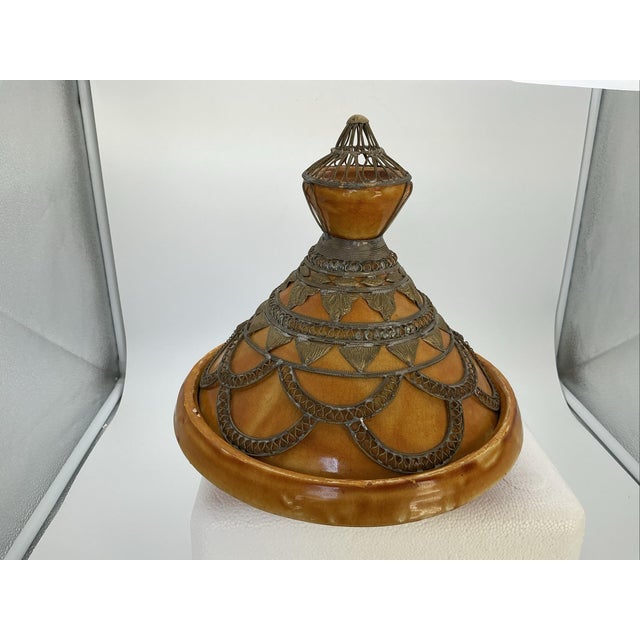 Moroccan Vintage Moroccan Tagine Ceramic Silver Tone Filigree Metal Overlay Ornate For Sale - Image 3 of 10
