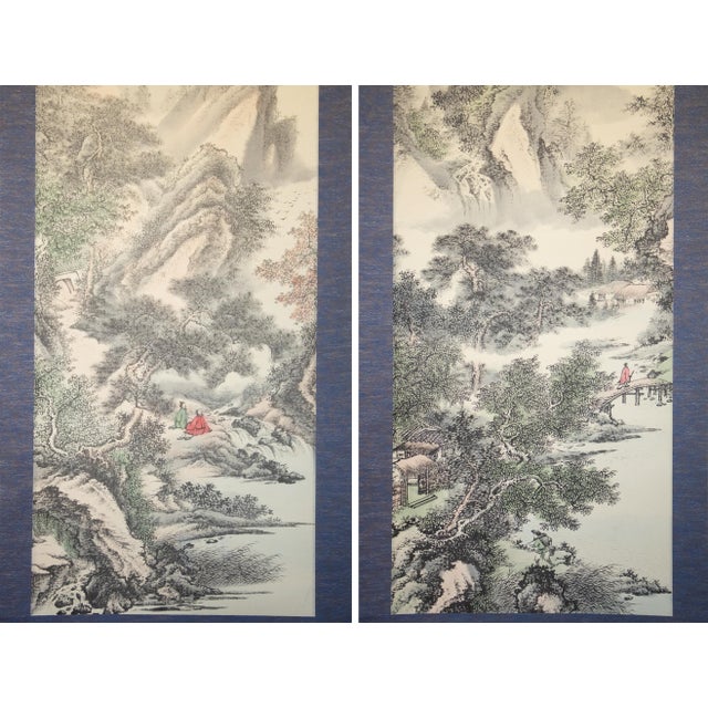 Heisei Era Japanese Monochrome Landscape Printed Scroll - A Pair For Sale - Image 4 of 18