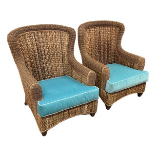 Rattan Wingback Mid 20th Century Chairs, Pair For Sale