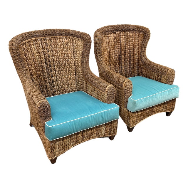 Rattan Wingback Mid 20th Century Chairs, Pair For Sale