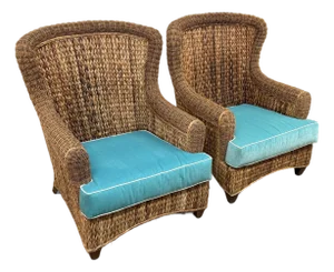 Rattan Wingback Mid 20th Century Chairs, Pair