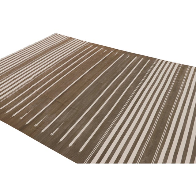 Rug & Kilim Rug & Kilim’s Contemporary Dhurrie Rug in Brown and White Stripes For Sale - Image 4 of 7