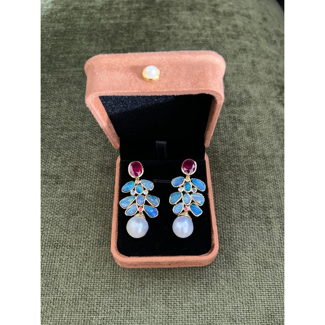 Bochic "Orient" Vintage Ruby, Opal & Sapphires Earrings Set 18K Gold & Silver For Sale - Image 13 of 18
