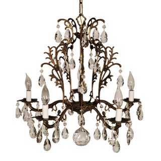 Vintage French Brass 5 Arm 5 Lite Glorious Birdcage Cut Lead Crystal Chandelier For Sale