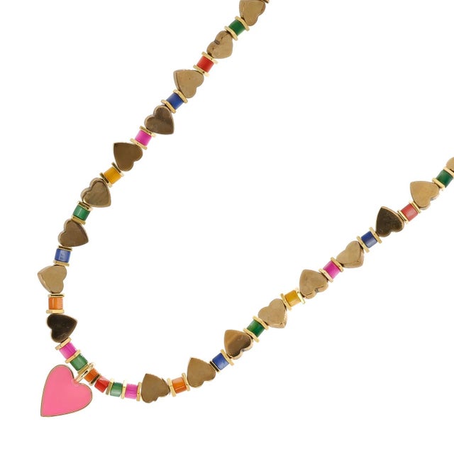 Metal Pink Heart Pendant Gold Heart Beaded Colorful Necklace For Sale - Image 7 of 10