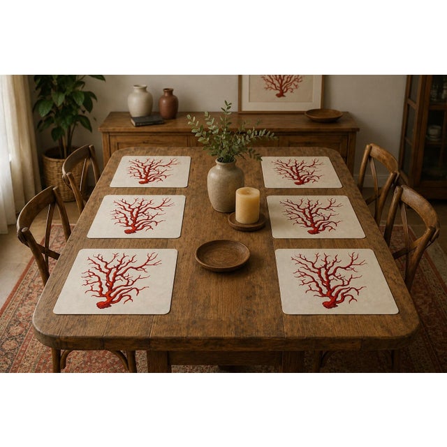 Red Vintage Italian Red Coral Cork-Backed Placemats - Set of 6 For Sale - Image 8 of 11