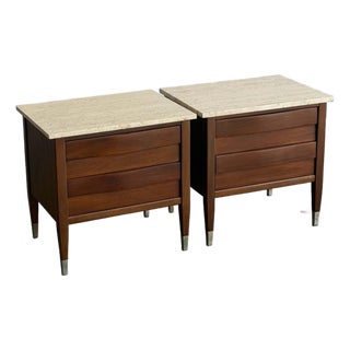1960s Travertine & Walnut Nightstands by American of Martinsville - Pair For Sale