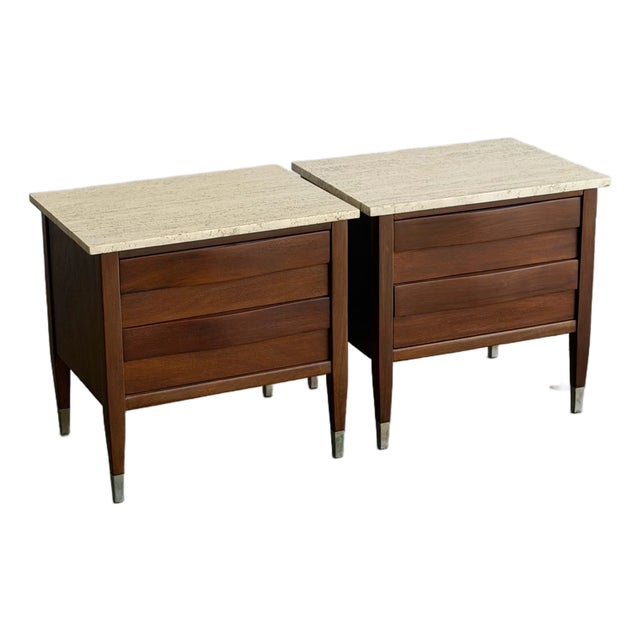 1960s Travertine & Walnut Nightstands by American of Martinsville - Pair For Sale