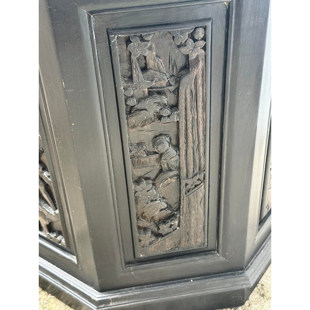 Mid-Century Chinese Carved Figural Wood Octagon Side Tables - A Pair For Sale - Image 9 of 12
