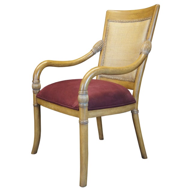 Traditional Kreiss Modern Empire Style Mahogany & Wicker Back Arm Chairs with Suede Seat - a Pair For Sale - Image 3 of 13