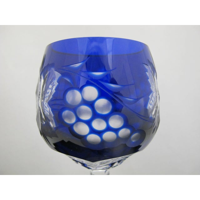 Bohemian Cobalt Blue & Red Grape Cut Crystal 8 1/2" Hock Wine Glass Pair For Sale - Image 11 of 15