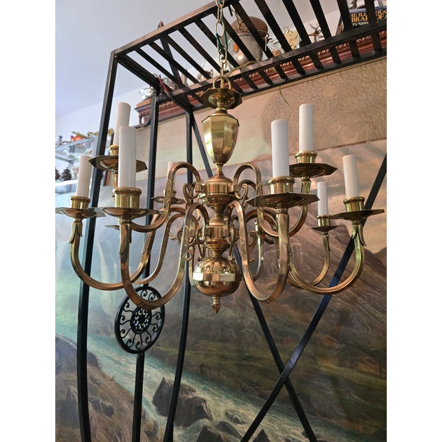 Vintage Mid Century English Brass 12 Light Chandelier For Sale - Image 14 of 15