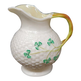 Vintage Belleek Basketweave Shamrock Creamer - 2nd Green Mark - Ireland - 1955 - 1965 For Sale