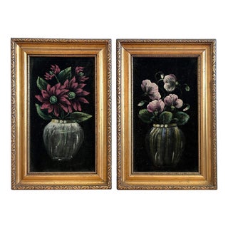 Danish Artist, Still Life Composition, 1960s, Oil Painting on Velvet, Framed, Set of 2 For Sale