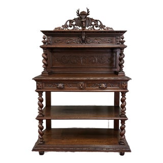 Antique French Buffet Server Sideboard Barley Twist Dark Oak Drawers 4 Tier 19c For Sale
