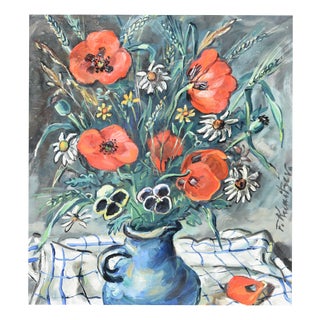 Friedrich Kunitzer, Still Life with Poppies & Jug, 1970s, Oil on Canvas, Framed For Sale