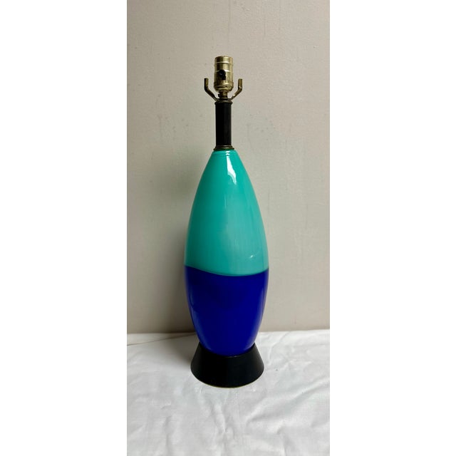Mid-Century Modern Mid-Century Two Tone Turqoise Royal Blue Color Blocked Glass Lamp For Sale - Image 3 of 9
