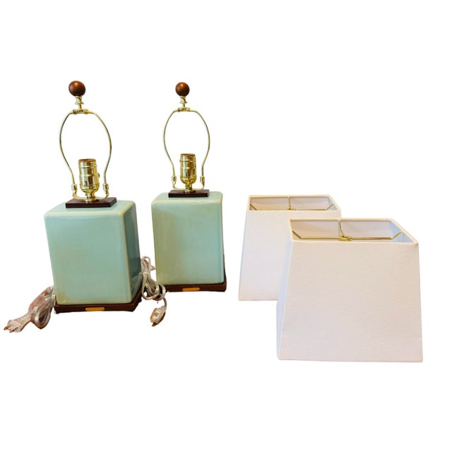 Pair of Lauren Ralph Lauren Celadon Crackle Glazed Porcelain Table Lamps | Coastal Modern Transitional Lighting With Original Shades For Sale - Image 12 of 15