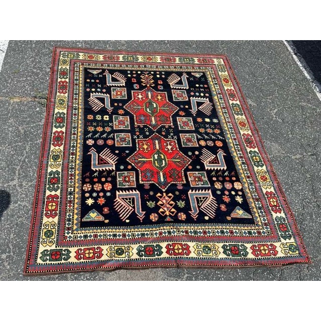 Antique Kazak Rug | Bold Geometric Tribal Design, Navy Field | 5'5"x6'5" For Sale In Los Angeles - Image 6 of 7