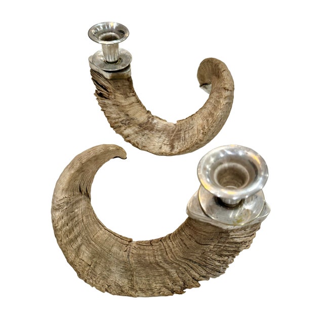 Large 1960s Curly Ram Horn & Silver Candlesticks For Sale - Image 13 of 13