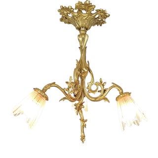 Antique French Louis XV Three-Light Chandelier in Bronze, 1890s For Sale