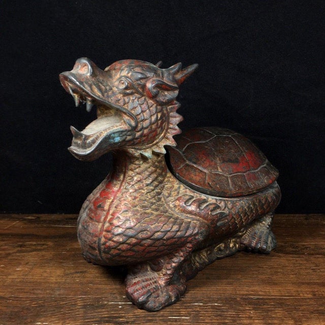 This is a substantial vintage Chinese bronze incense burner (censer) crafted in the form of a Dragon Turtle (Longgui), a...