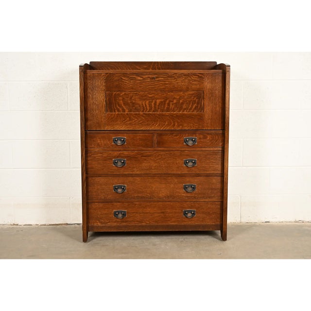 An gorgeous Mission or Arts & Crafts style drop front secretary with five drawer chest By L. & J. G. Stickley USA, Late...